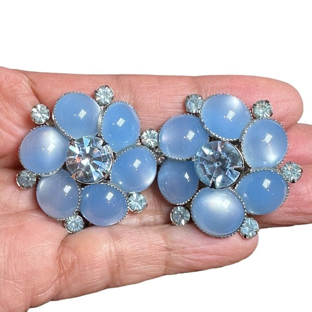VTG Judy Lee Clip Earrings 1.375‎ Inch Light Blue Moonstone Rhinestones Floral